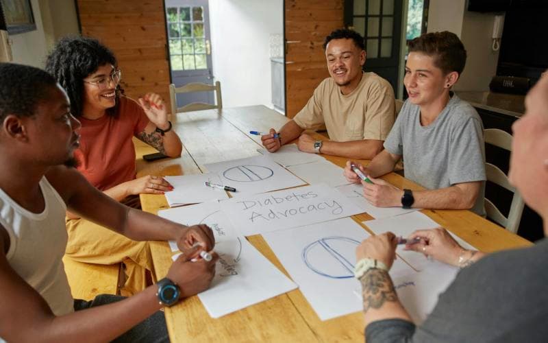 A team brainstorming around a table