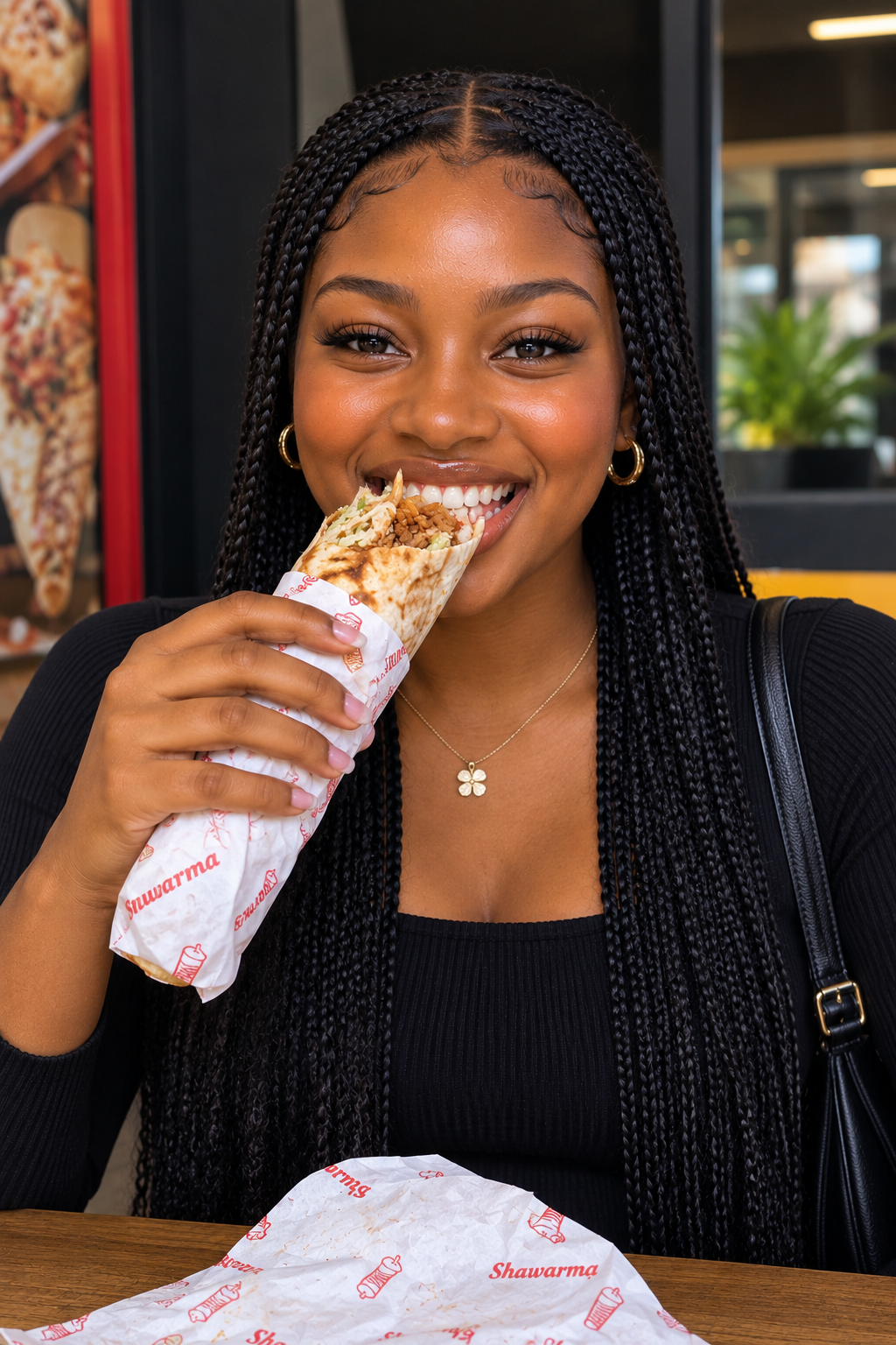 Food creator enjoying shawarma
